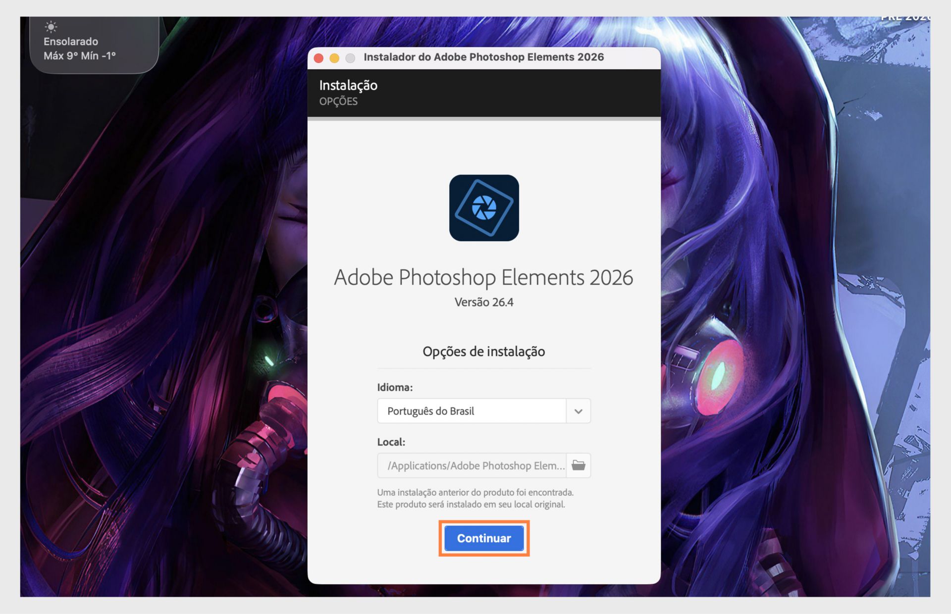 A janela de opções de instalação mostra o menu suspenso para selecionar o idioma e a opção de selecionar o local de instalação do Photoshop Elements. 
