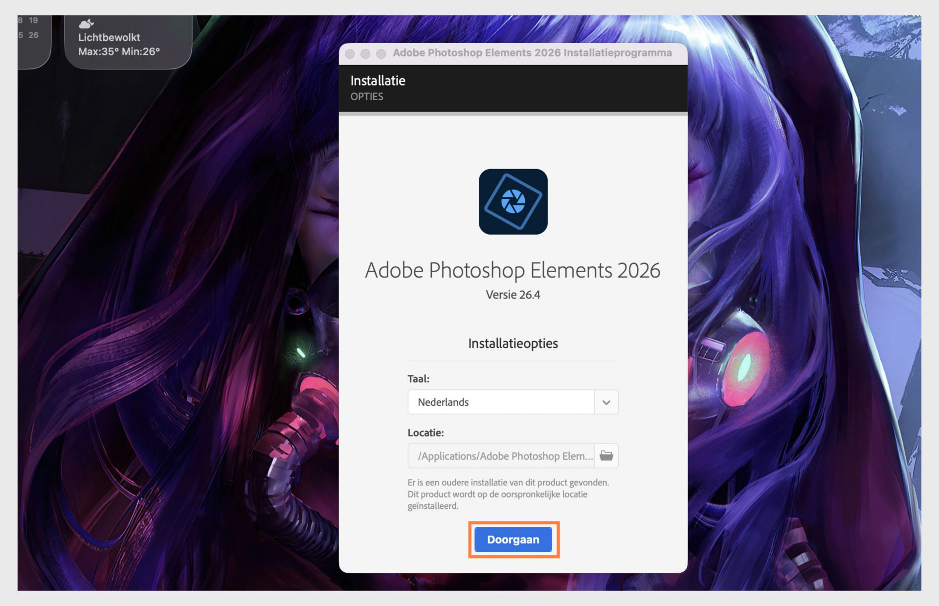 Het venster Installatieopties toont het vervolgkeuzemenu om de taal te selecteren en de optie om de installatielocatie voor Photoshop Elements te kiezen. 