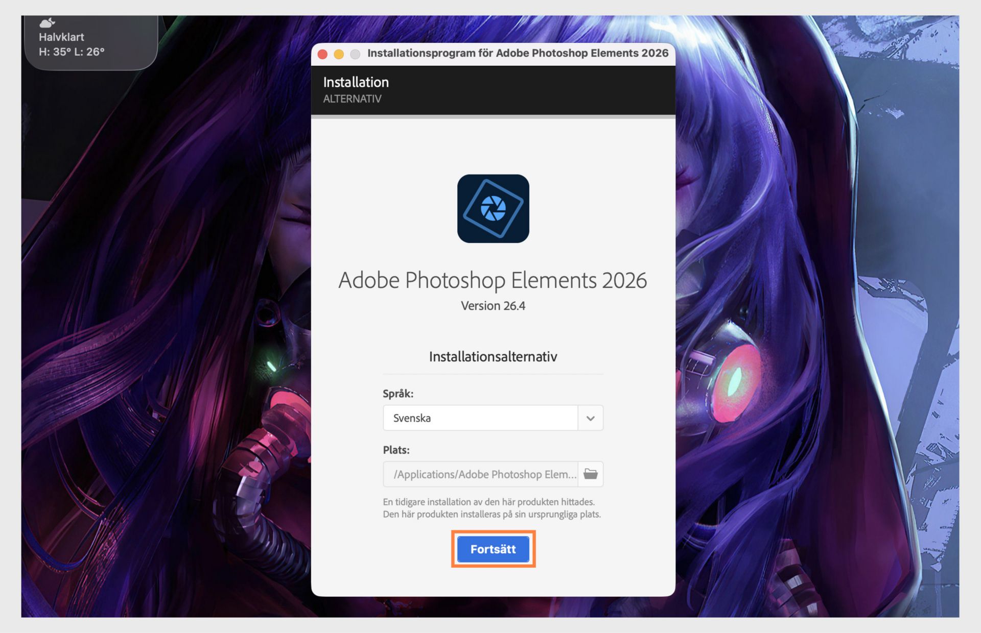 Fönstret Installationsalternativ visar rullgardinsmenyn för att välja språk och alternativet att välja installationsplats för Photoshop Elements. 