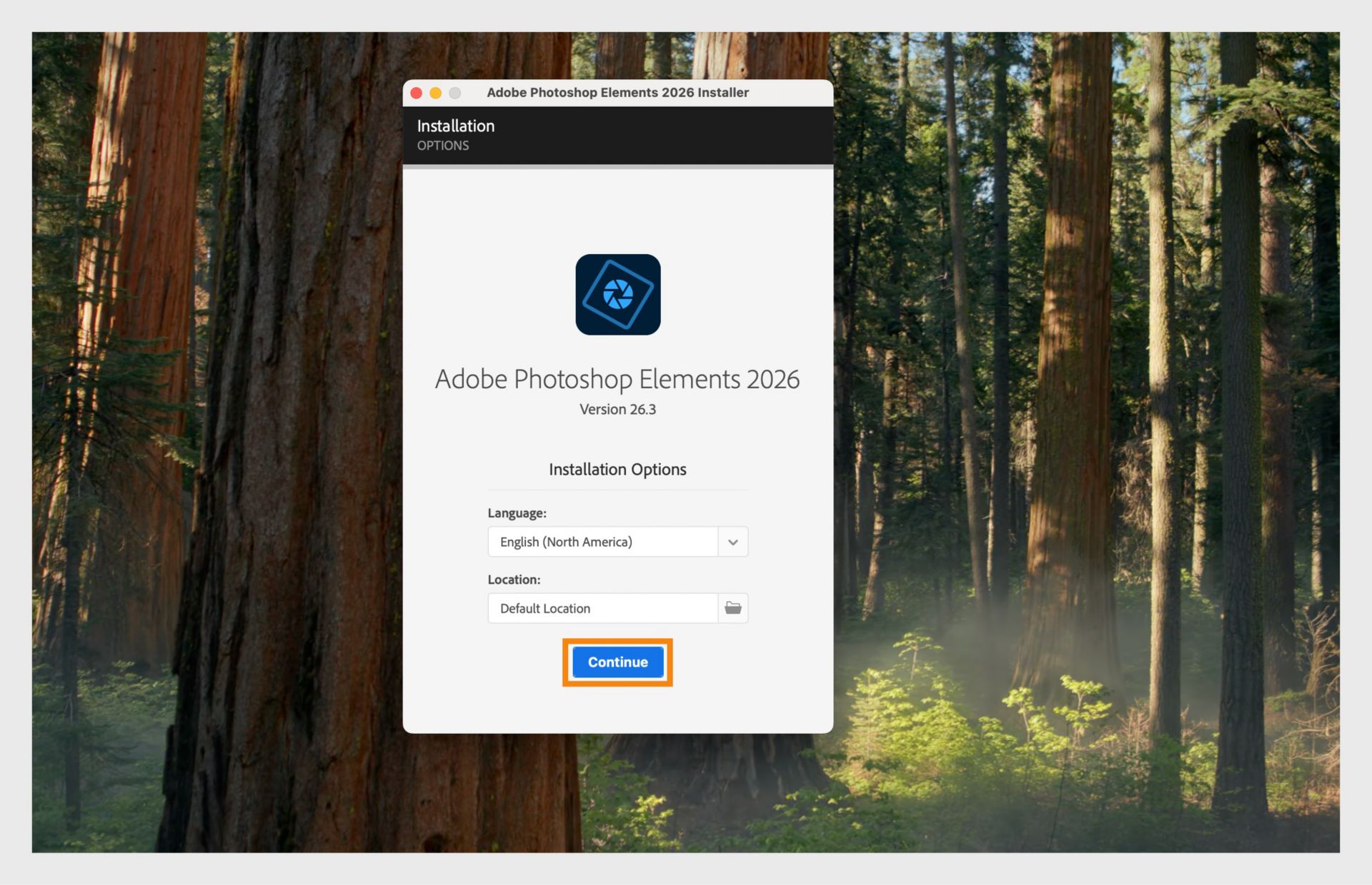 Instalēšanas opciju logs rāda nolaižamo izvēlni, lai atlasītu valodu, un iespēju izvēlēties Photoshop Elements instalēšanas vietu. 