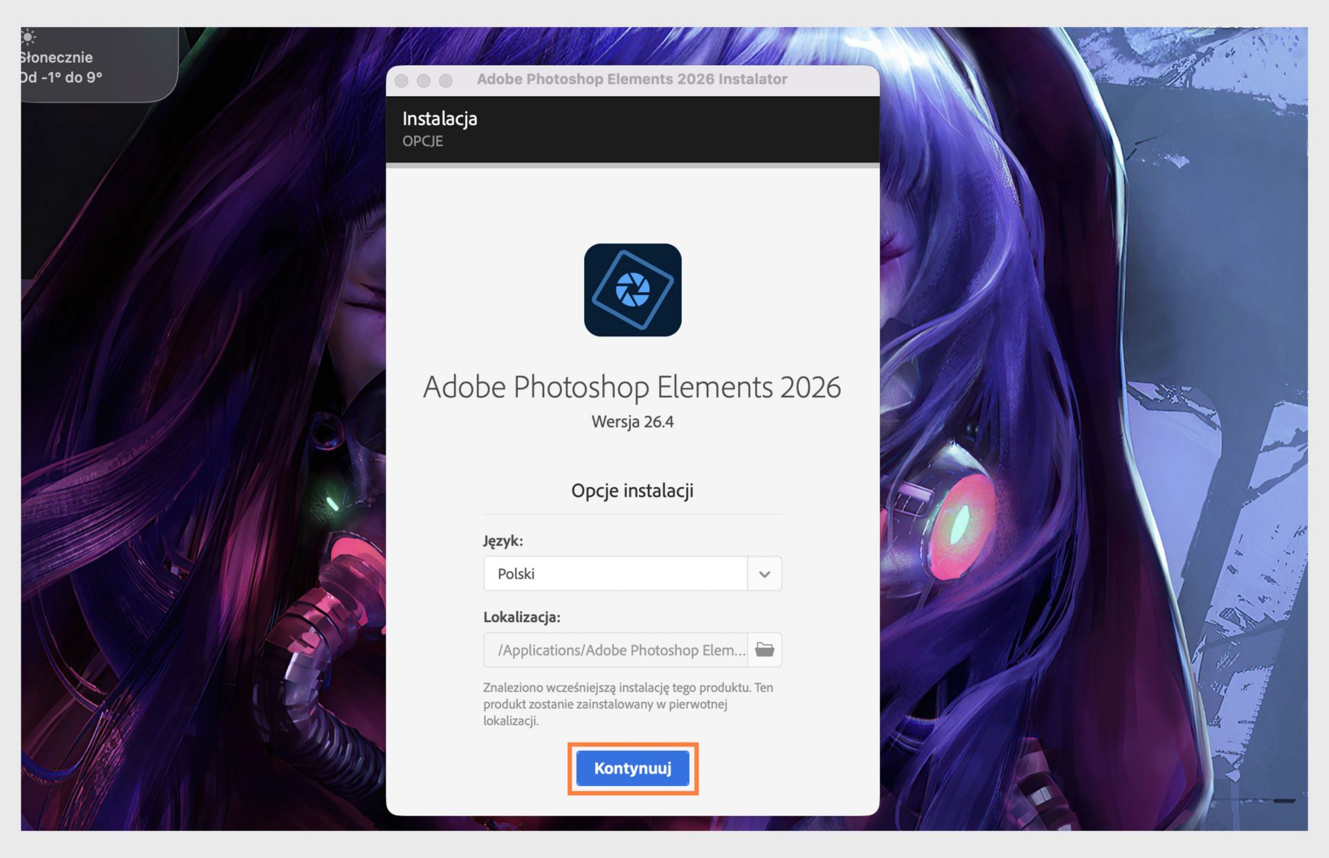 Okno Opcje instalacji pokazuje menu rozwijane do wyboru języka oraz opcję wyboru lokalizacji instalacji produktu Photoshop Elements. 