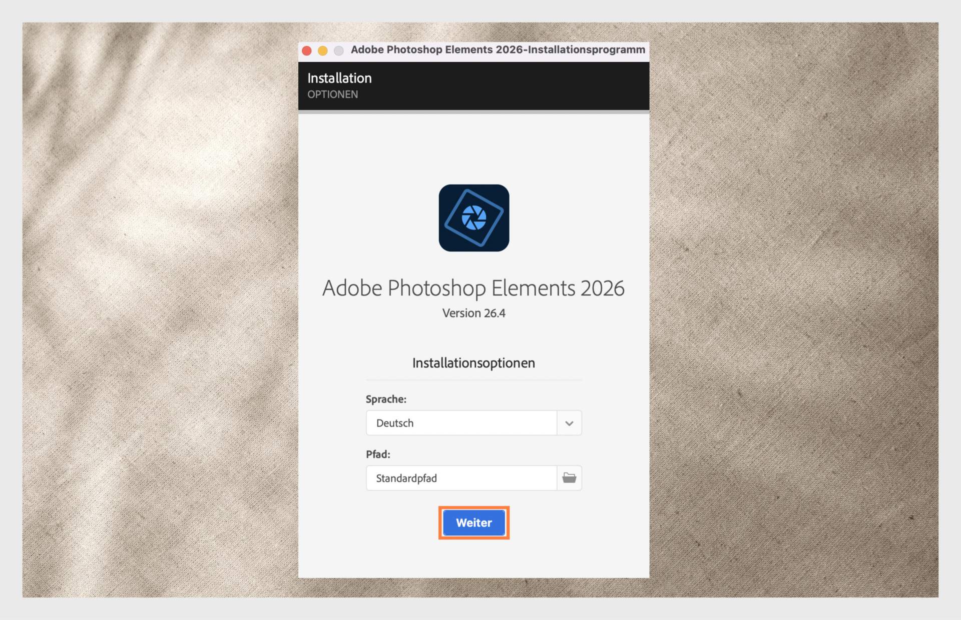 Das Fenster „Installation options" zeigt das Dropdown-Menü zur Auswahl der Sprache und die Option zur Auswahl des Installationsorts für photoshop elements. 