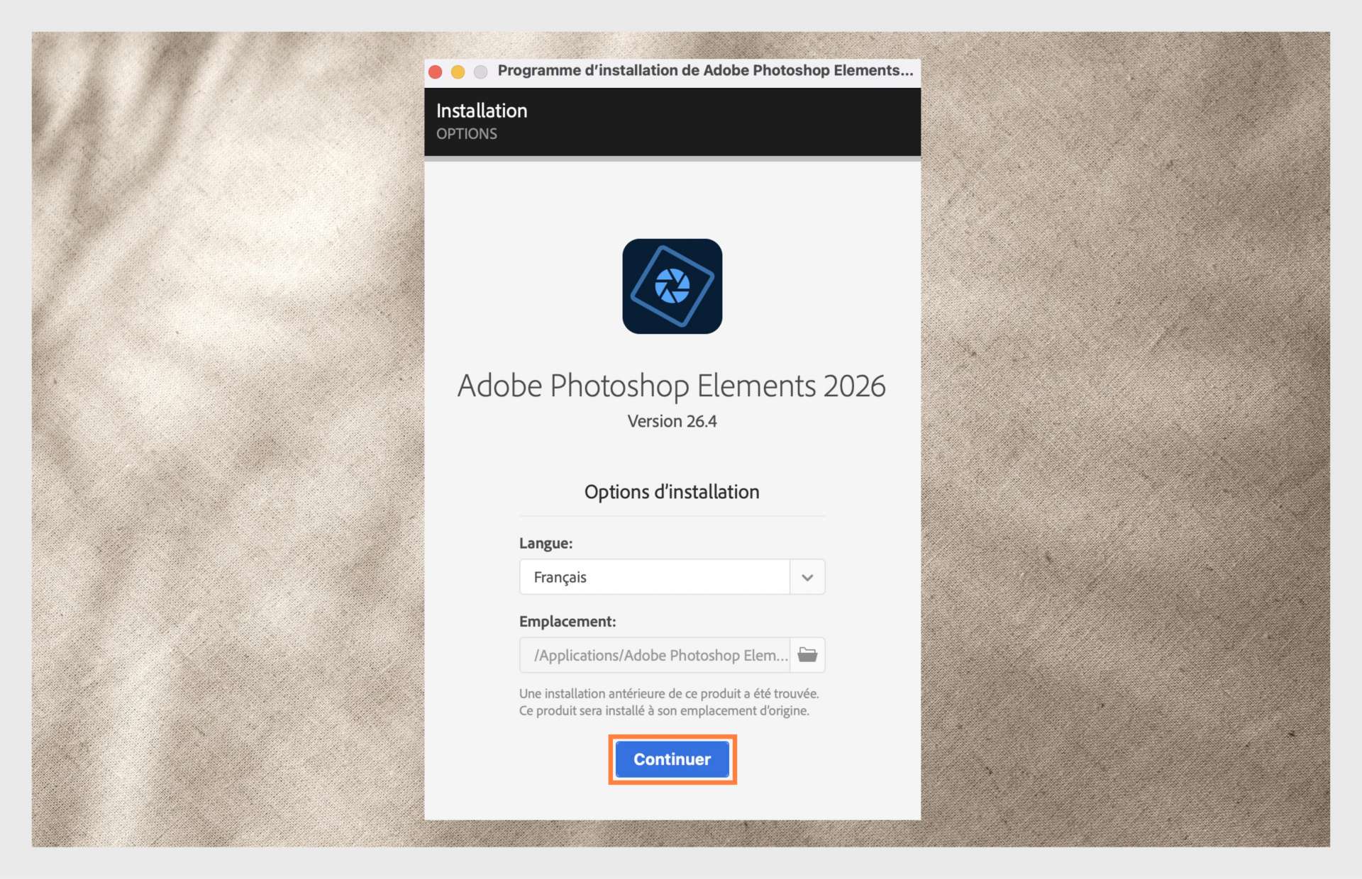 La fenêtre Options d'installation affiche le menu déroulant pour sélectionner la langue et l'option pour choisir l'emplacement d'installation de Photoshop Elements. 
