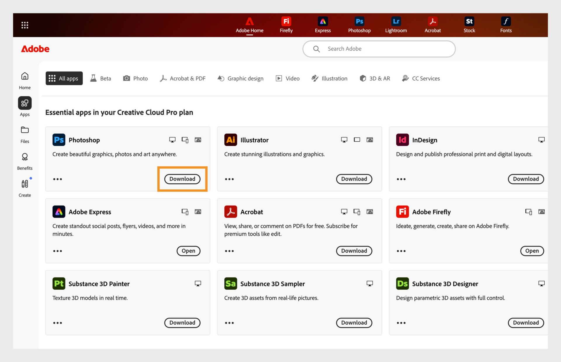 The Apps tab of the Creative Cloud web shows the apps available to launch, install, open in browser, or open in desktop. 