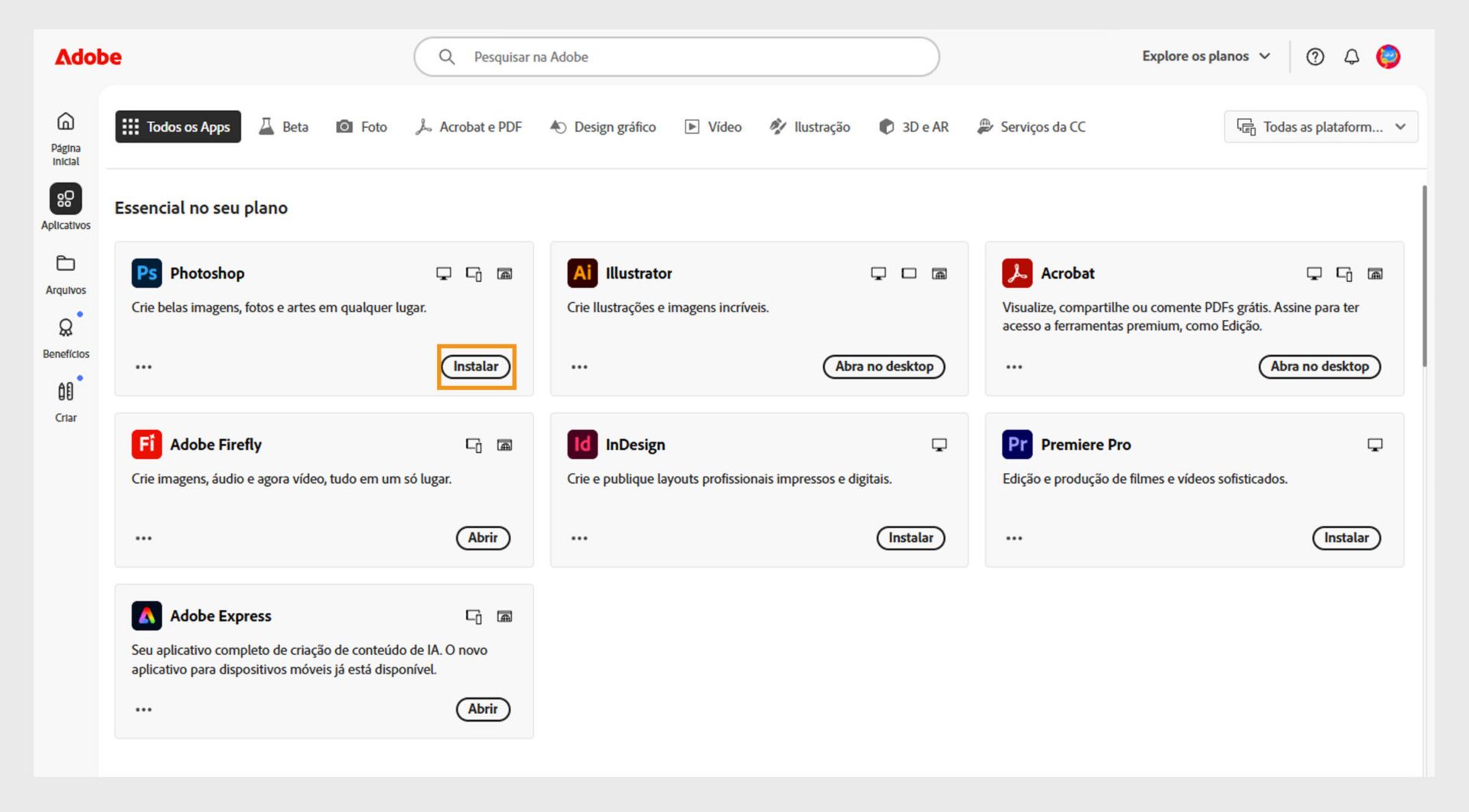 A guia Aplicativos da Web da Creative Cloud mostra os aplicativos disponíveis para iniciar, instalar, abrir no navegador ou abrir no desktop. 