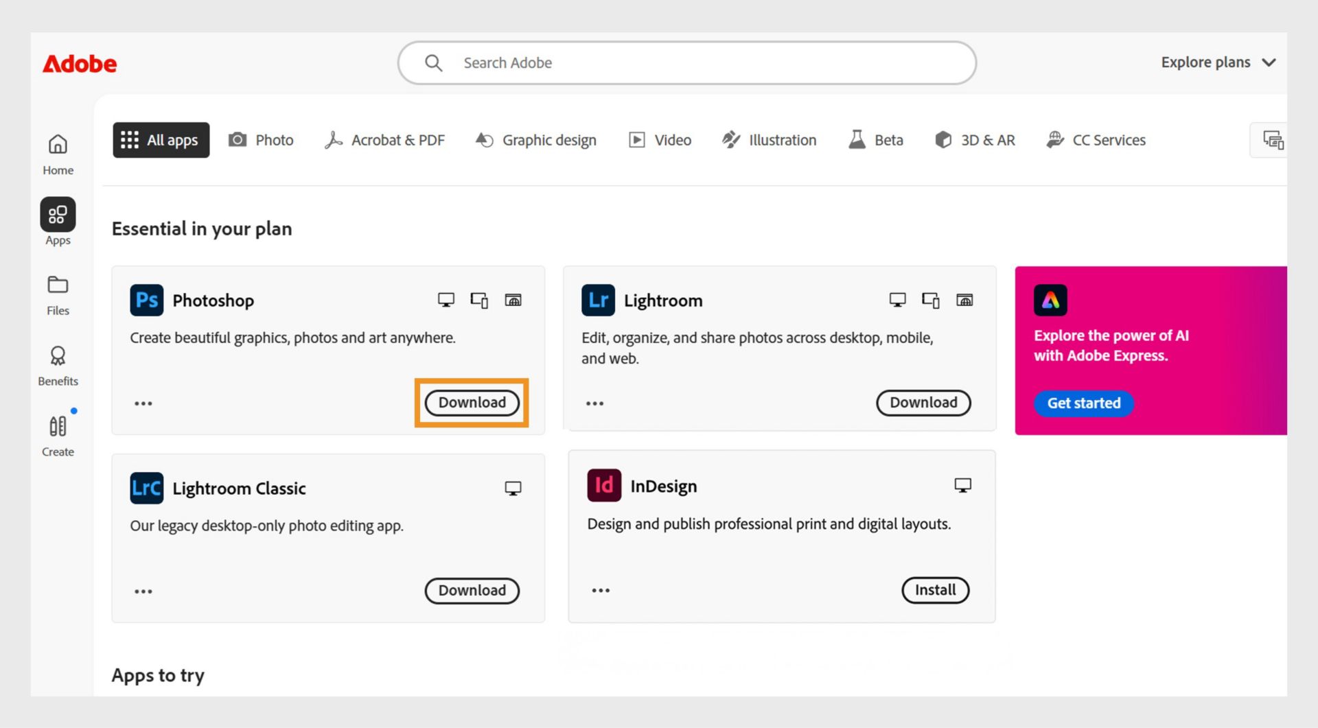 Creative Cloud tīmekļa vietnes cilnē &quot;Lietotnes&quot; tiek parādītas lietotnes, kuras var palaist, instalēt, atvērt tīmekļa pārlūkprogrammā vai atvērt uz darbvirsmas. 