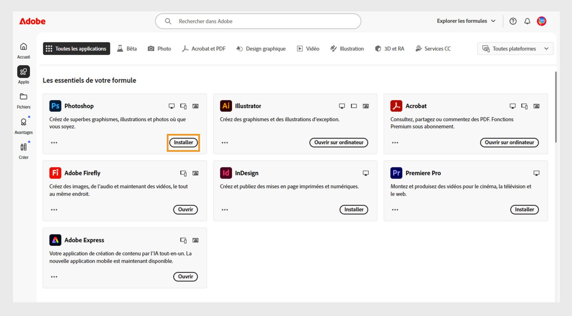 L’onglet Applications de Creative Cloud sur le web affiche les applications disponibles pour le lancement, l’installation, l’ouverture dans le navigateur ou l’ouverture dans le poste de travail. 