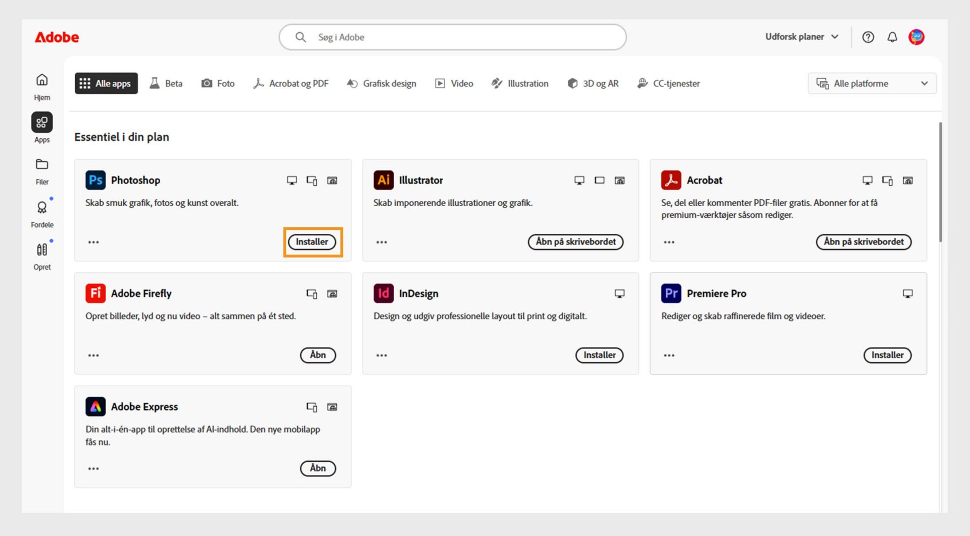 Fanen Apps på Creative Cloud-websiden viser de apps, der kan startes, installeres, åbnes i browseren eller åbnes på computeren. 