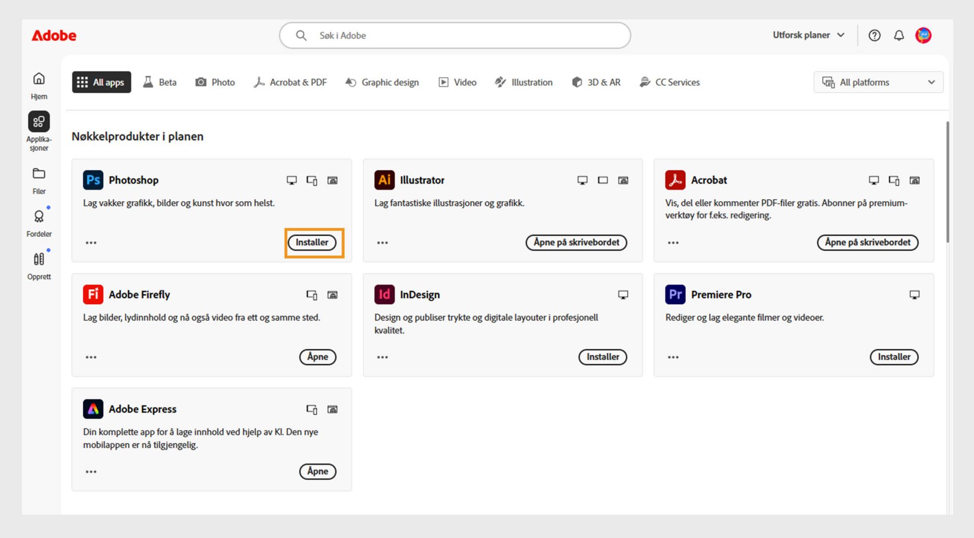 Apper-fanen i Creative Cloud-nettsiden viser appene som er tilgjengelige for oppstart, installasjon, åpning i nettleser eller åpning på skrivebordet. 