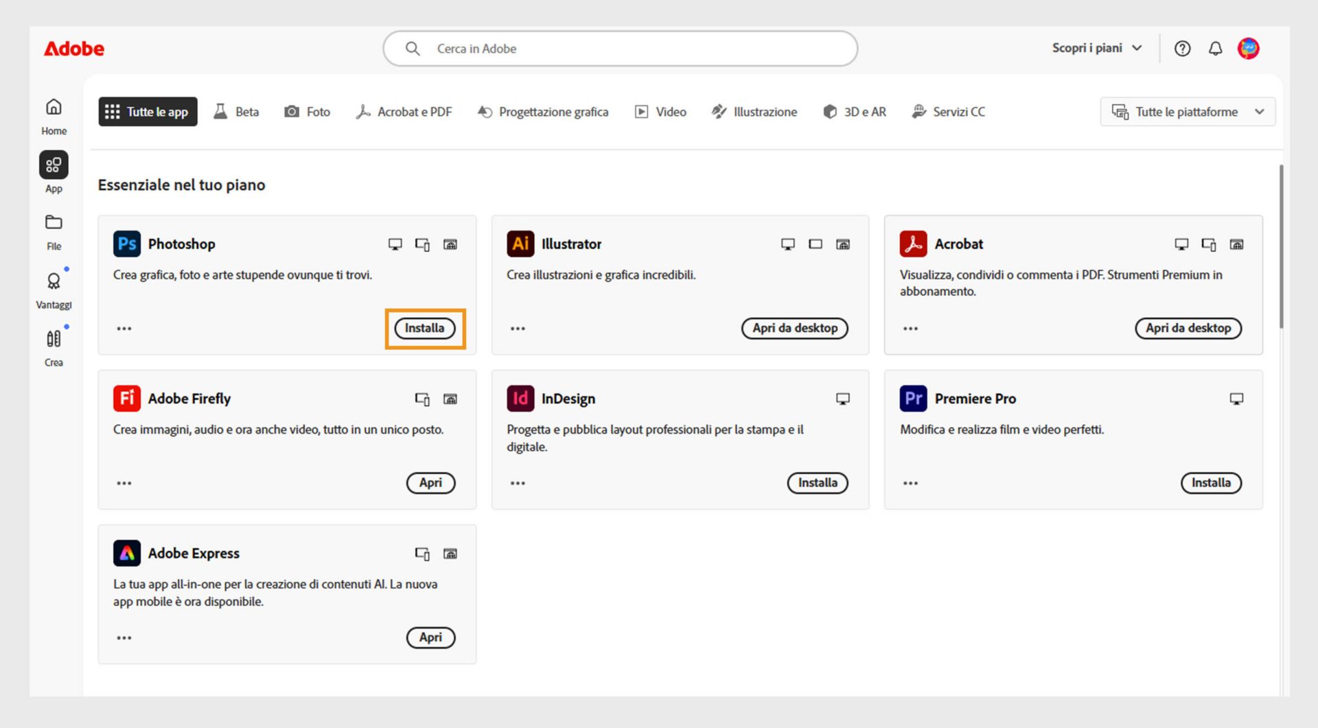 La scheda App del web di Creative Cloud mostra le app disponibili per l’avvio, l’installazione, l’apertura nel browser o l’apertura nel desktop. 
