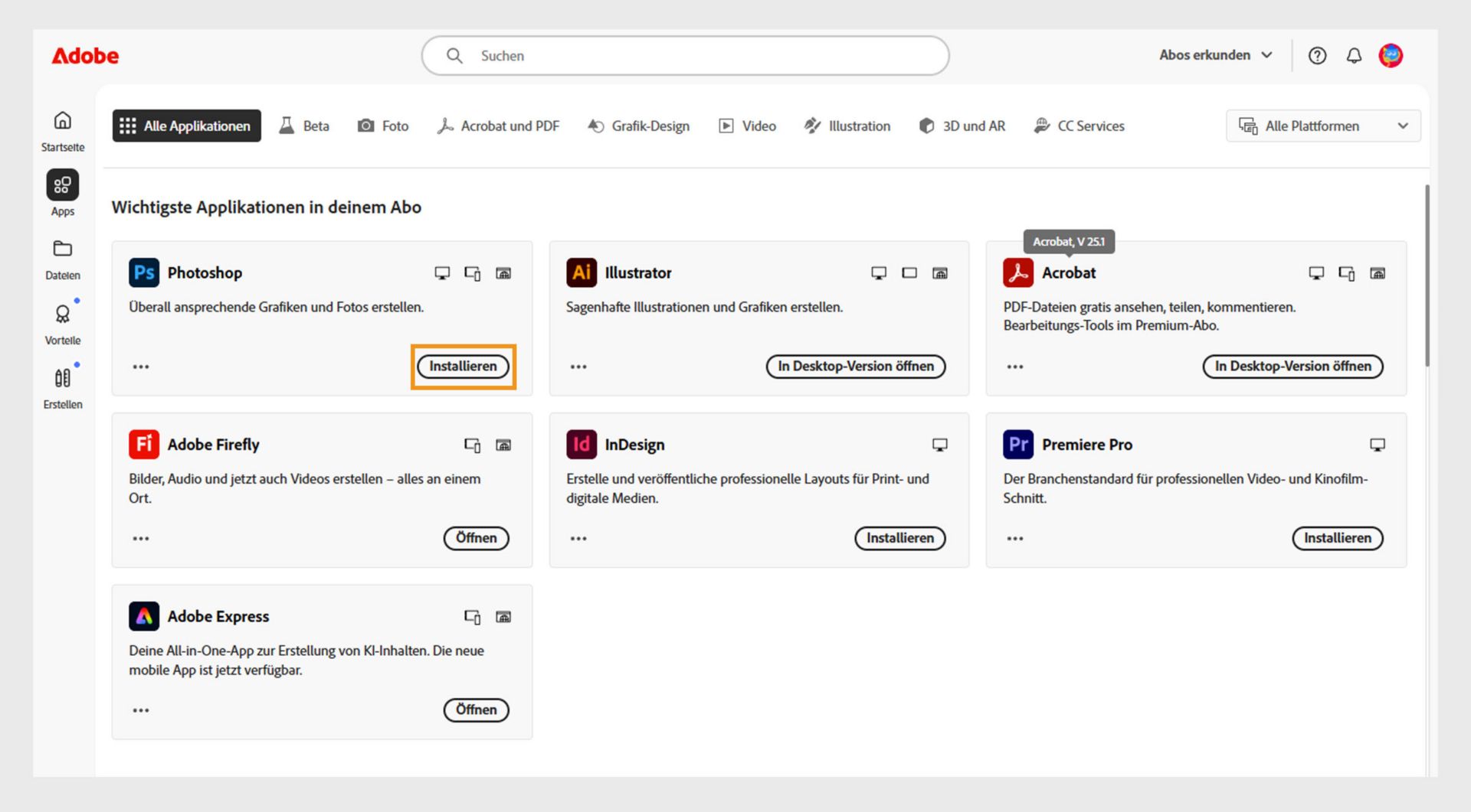 Auf der Registerkarte „Applikationen“ der Creative Cloud-Website werden die Anwendungen angezeigt, die zum Starten, Installieren, Öffnen im Browser oder Öffnen auf dem Desktop verfügbar sind. 