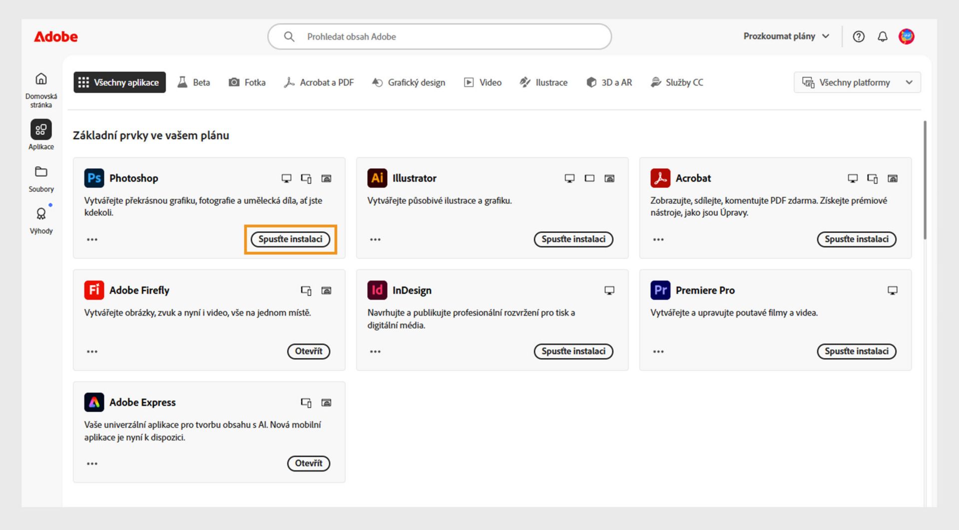 Karta Aplikace ve webovém rozhraní Creative Cloud zobrazuje aplikace, které lze spustit, nainstalovat, otevřít v prohlížeči nebo otevřít na počítači. 
