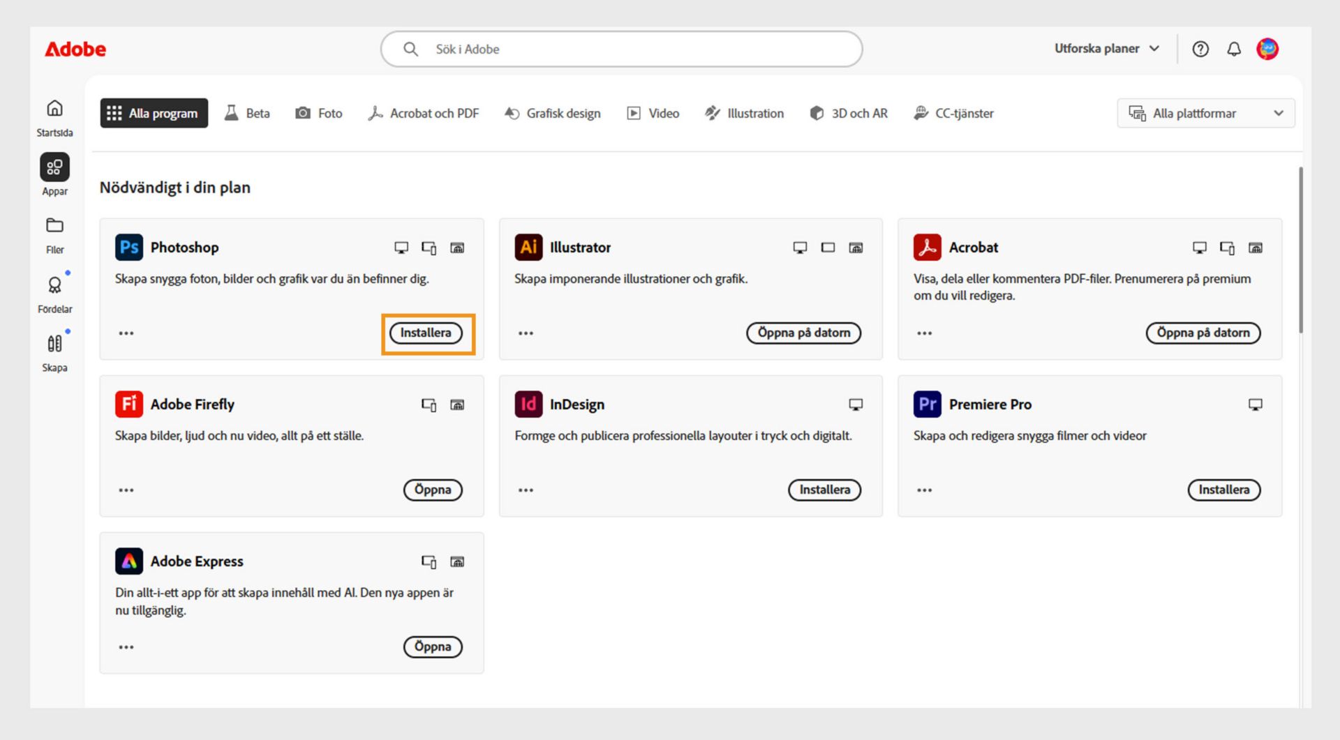 På fliken Program på Creative Cloud-webbplatsen visas de appar som är tillgängliga för att starta, installera, öppna i webbläsare eller öppna på datorn. 