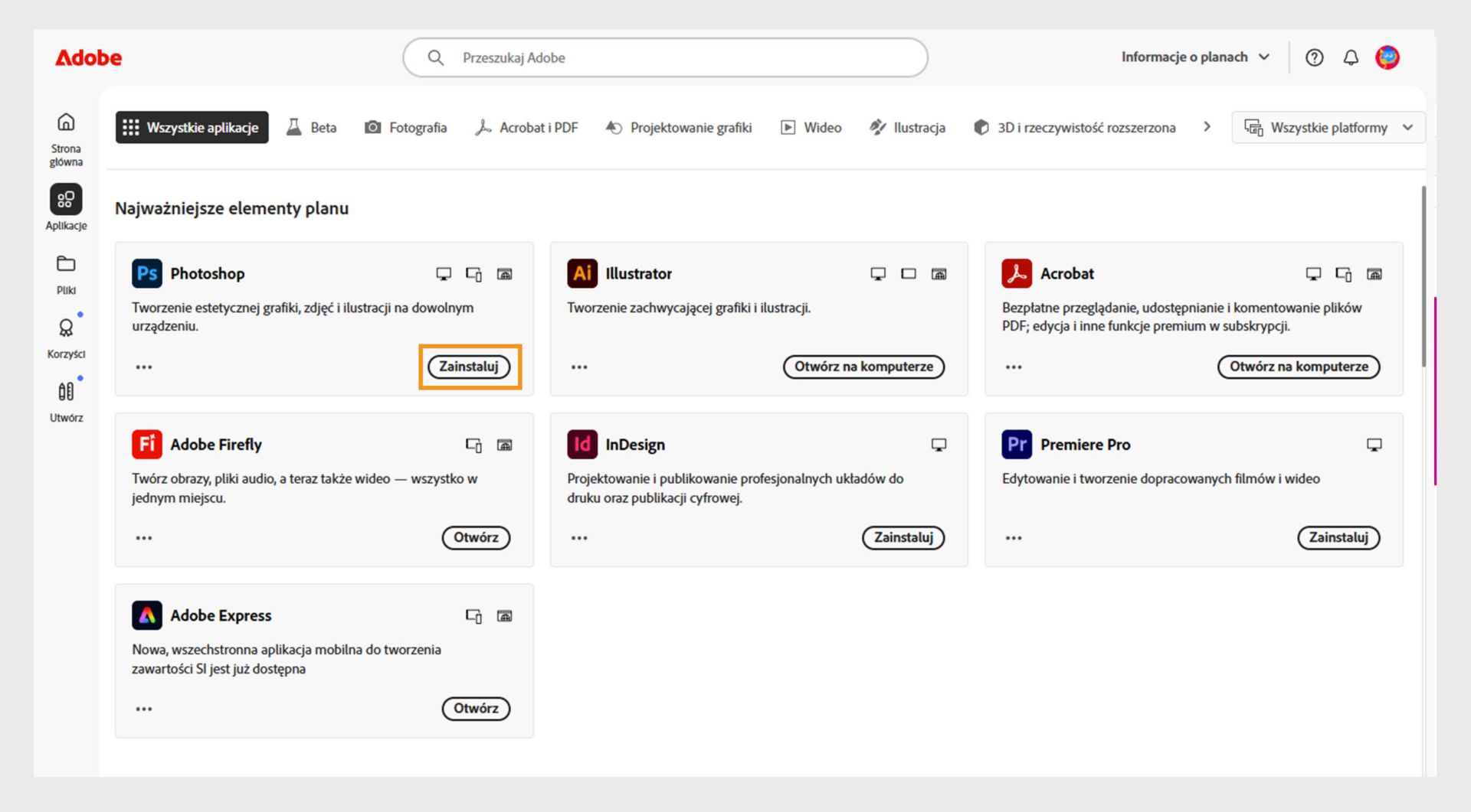 Na karcie Aplikacje w witrynie Creative Cloud wyświetlane są aplikacje dostępne do uruchamiania, instalowania, otwierania w przeglądarce lub otwierania na komputerze. 