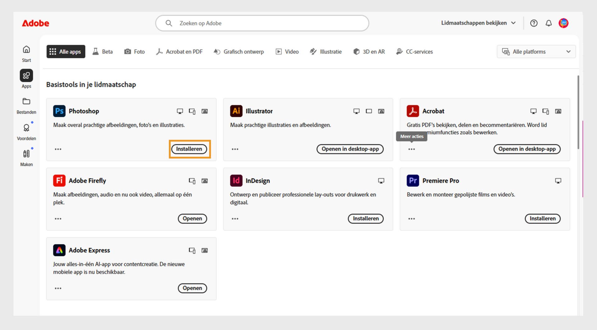Het tabblad Apps van de Creative Cloud-webpagina toont de apps die beschikbaar zijn om te starten, te installeren, te openen in een browser of te openen op het bureaublad. 