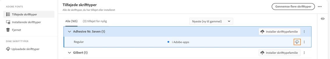 Liste over installerede skrifttyper er angivet