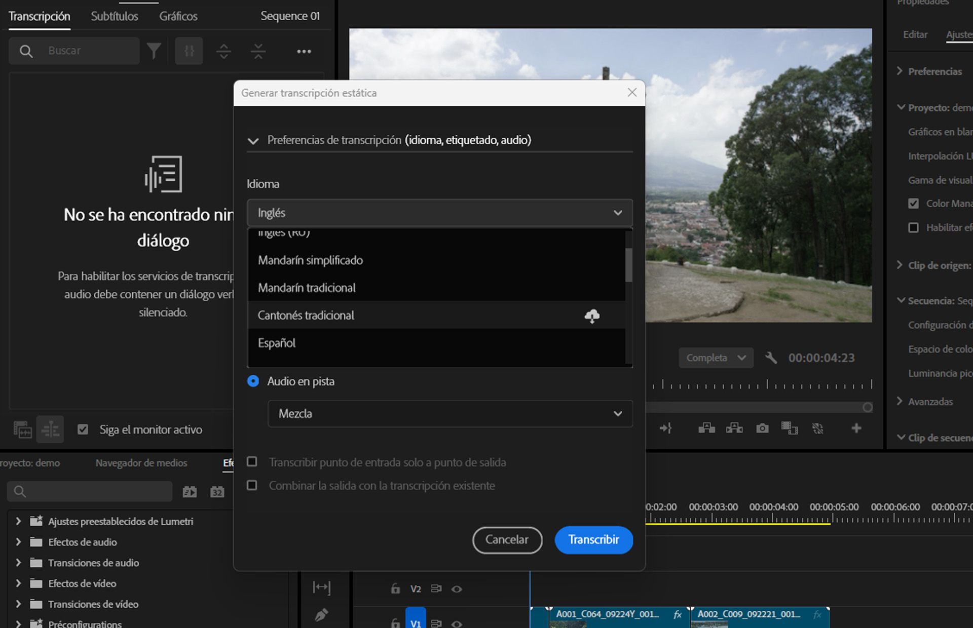 El inglés se incluye en la instalación de Premiere Pro y los paquetes de idioma adicionales se pueden instalar según sea necesario.