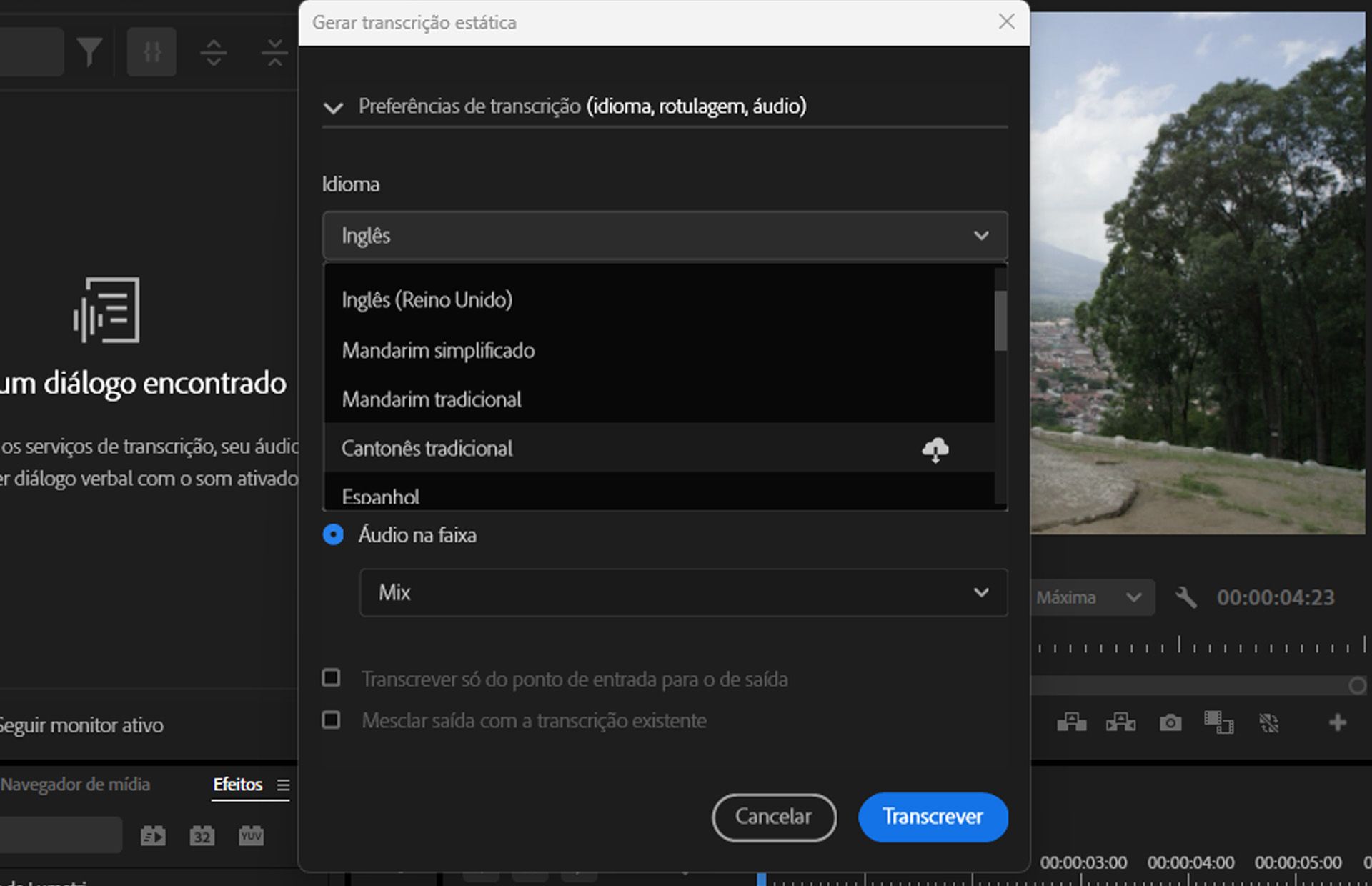 O pacote do idioma inglês está incluído na instalação do Premiere Pro, e pacotes adicionais podem ser instalados conforme necessário.