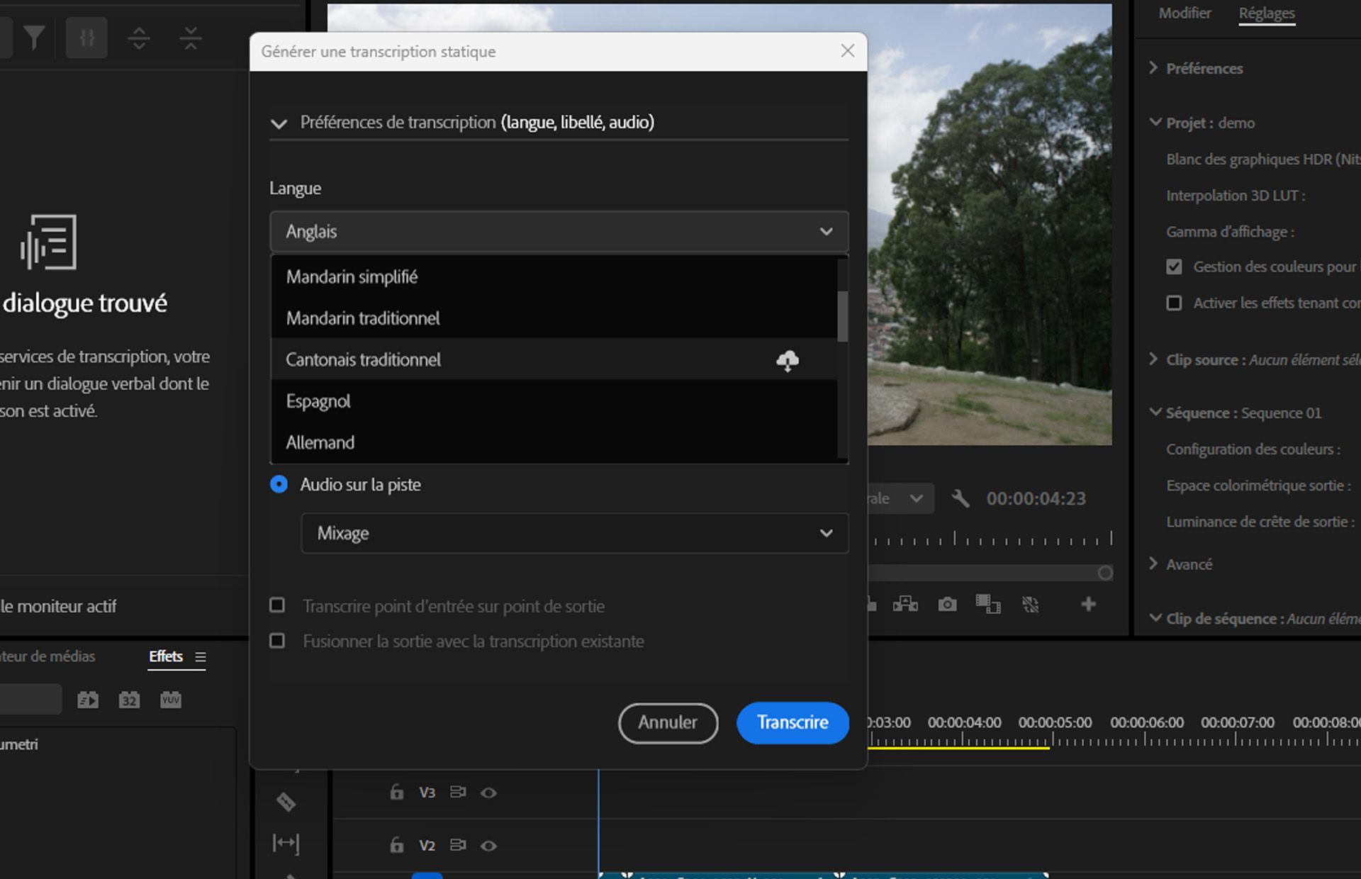Bien que l’anglais soit inclus dans votre installation de Premiere Pro, des modules linguistiques supplémentaires peuvent être installés si nécessaire.
