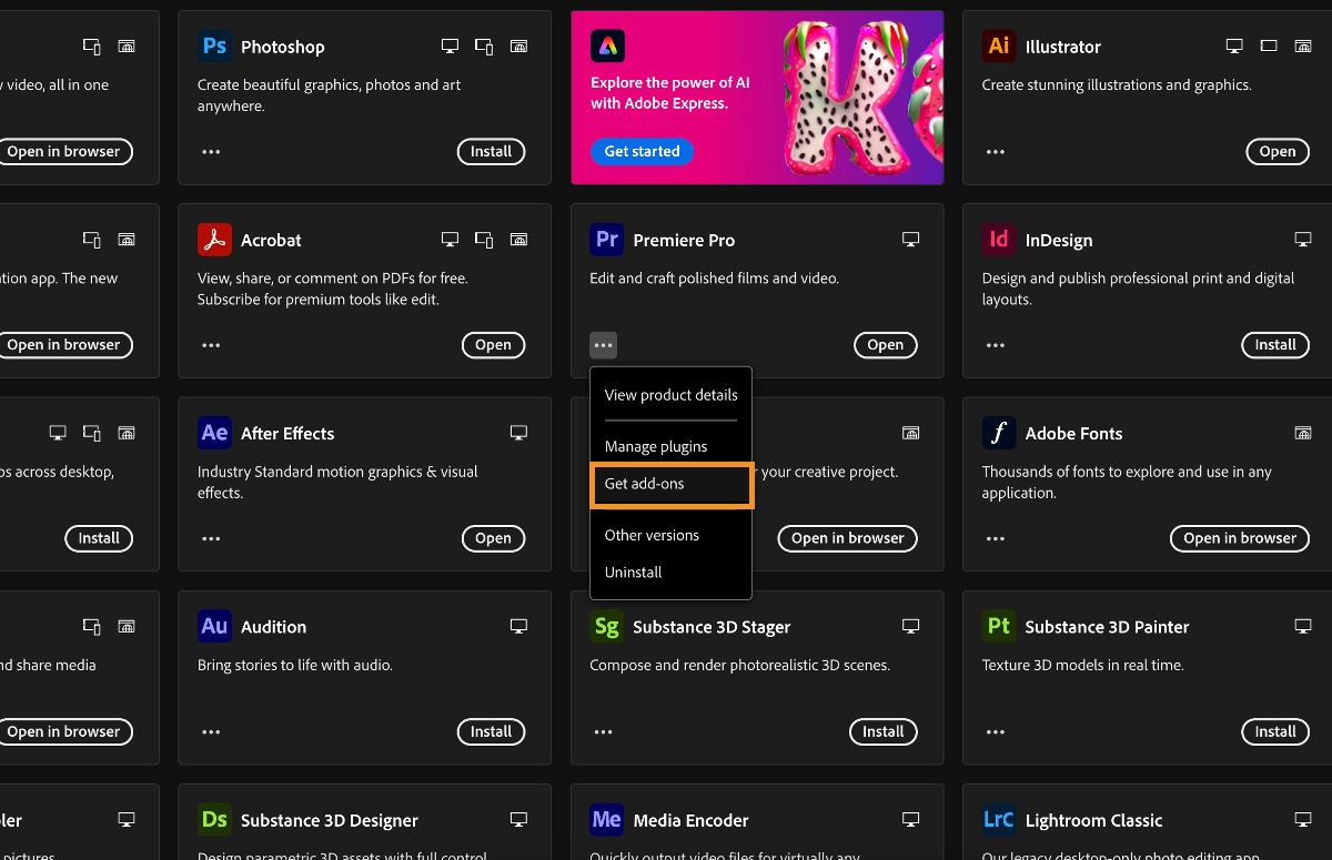 L'Applicazione Creative Cloud è aperta e Premiere Pro è selezionato con il suo menu Altro espanso.L'opzione Get add-ons è selezionata.