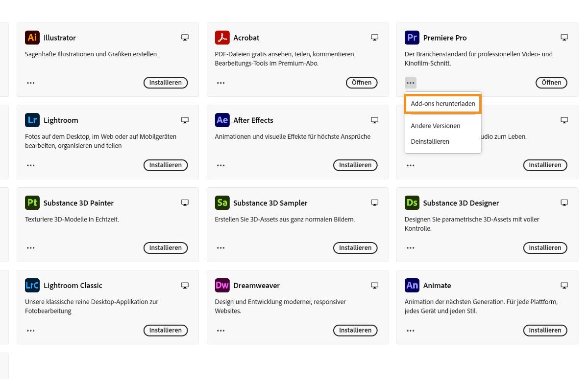 Der Creative Cloud-Client ist geöffnet und Premiere Pro ist ausgewählt, wobei das Menü „Mehr“ erweitert ist. Die Option „Add-ons herunterladen“ ist ausgewählt.