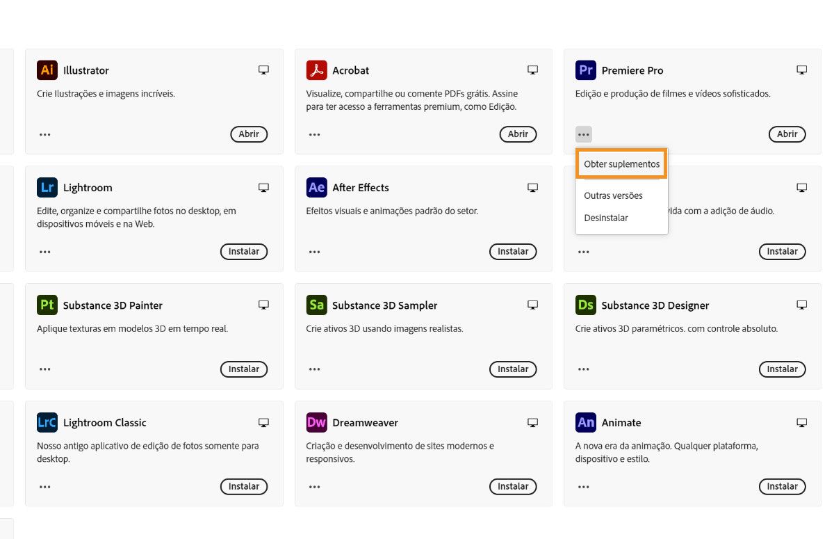O aplicativo da Creative Cloud está aberto e o Premiere Pro está selecionado com seu menu Mais expandido.A opção Obter complementos está selecionada.