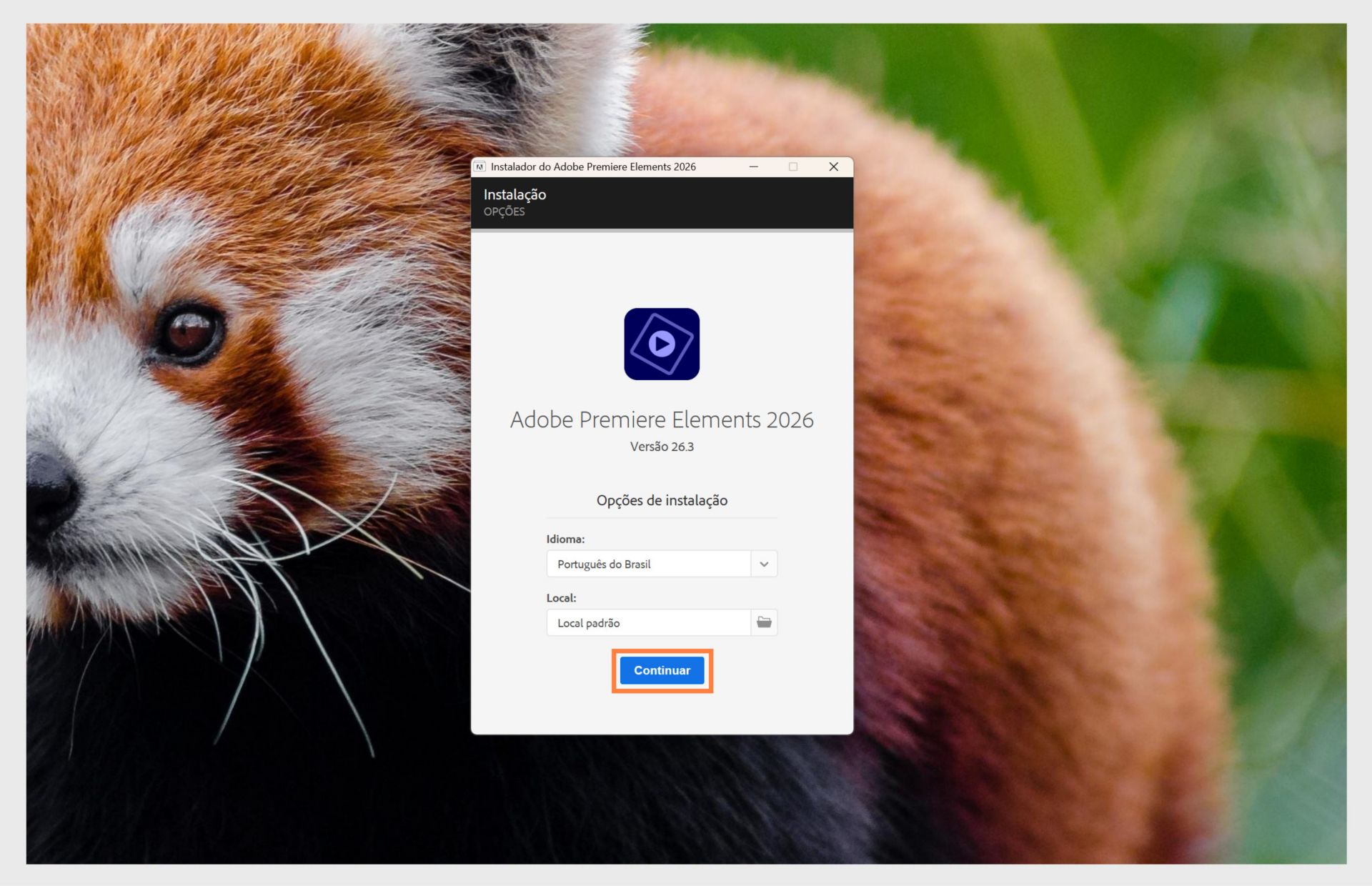 A janela Opções de instalação mostra o menu suspenso para selecionar o idioma e a opção de selecionar o local de instalação do Premiere Elements.