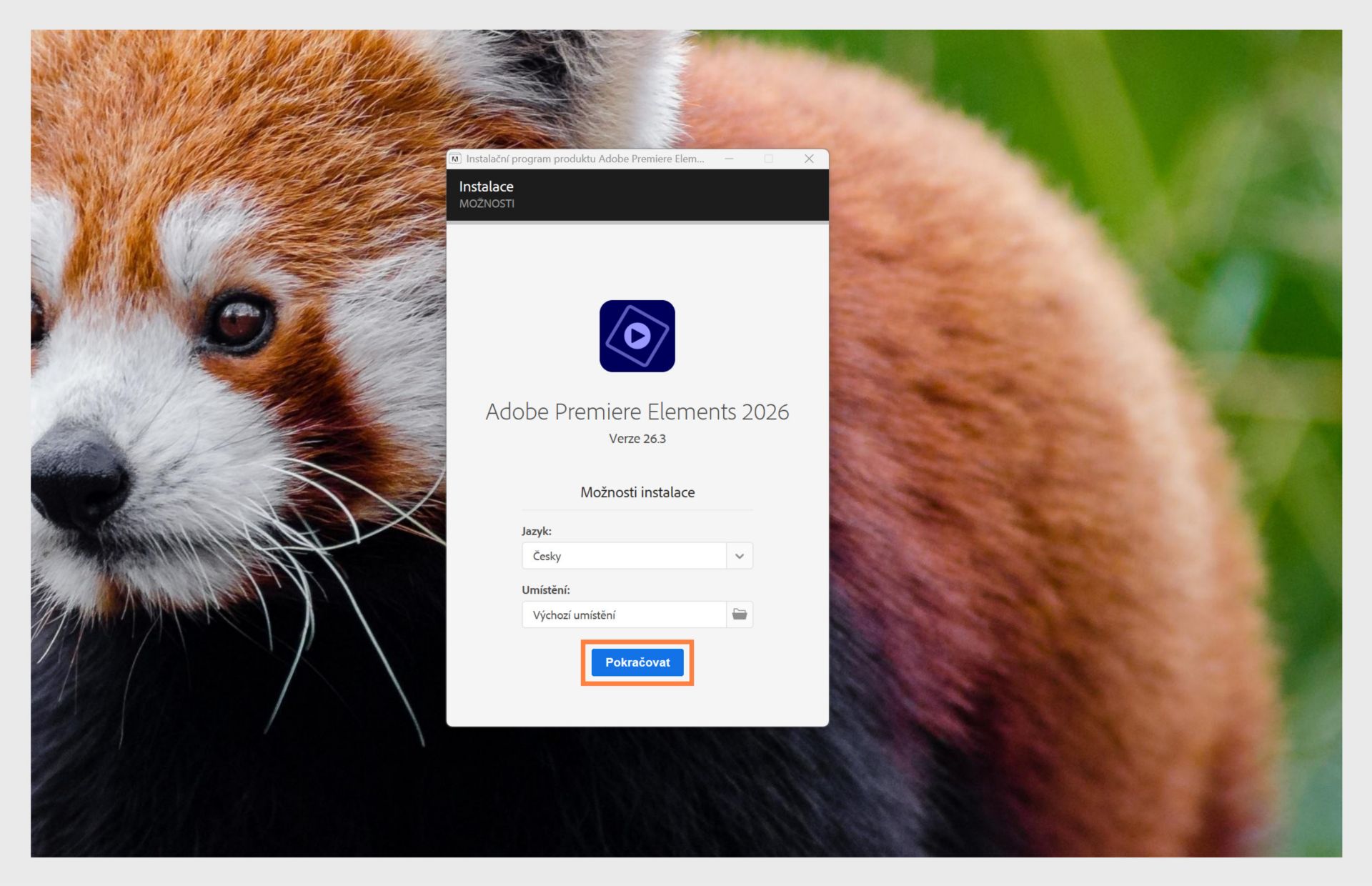Okno Možnosti instalace zobrazuje rozevírací nabídku pro výběr jazyka a možnost výběru umístění instalace pro Premiere Elements. 