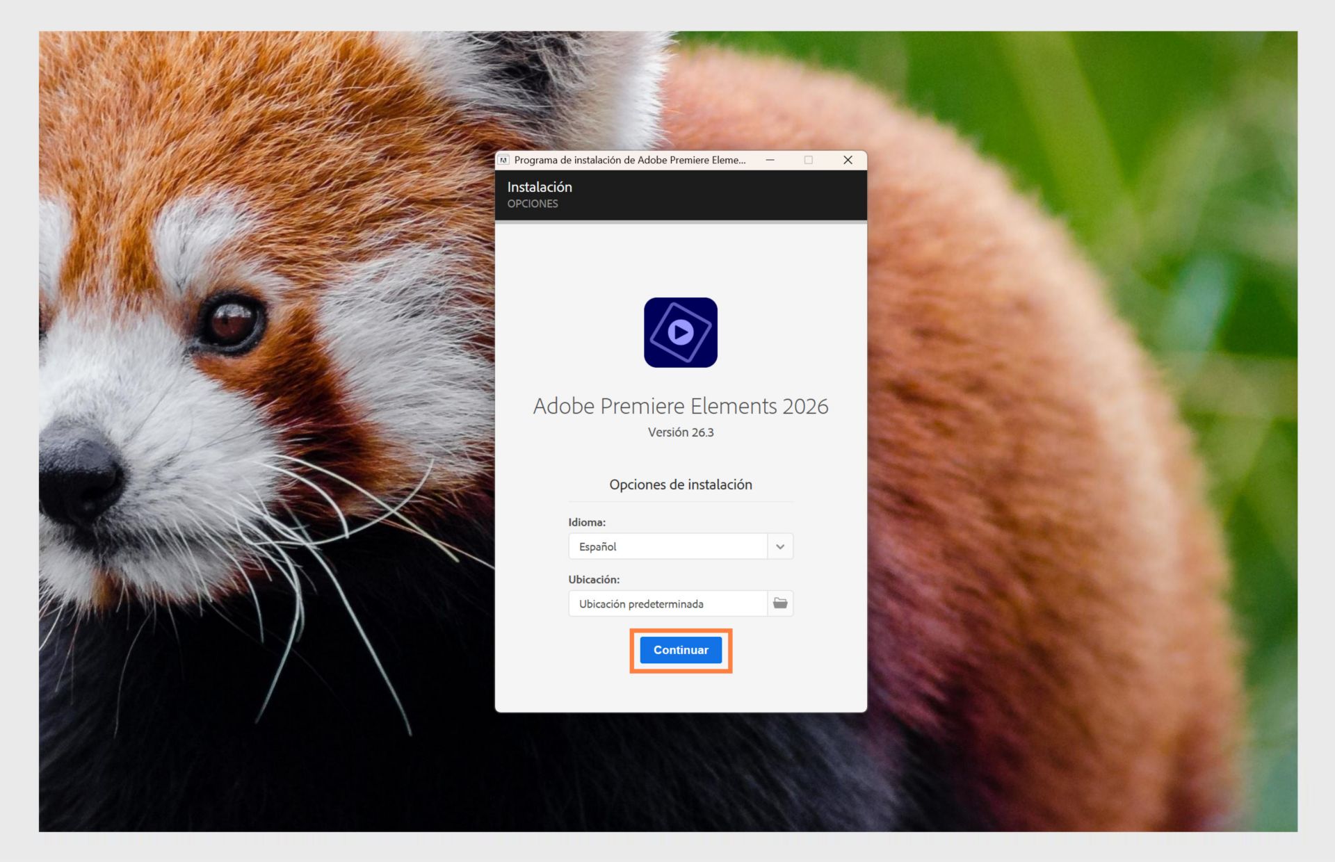 La ventana Opciones de instalación muestra el menú desplegable para seleccionar el idioma y la opción para seleccionar la ubicación de instalación de Premiere Elements.