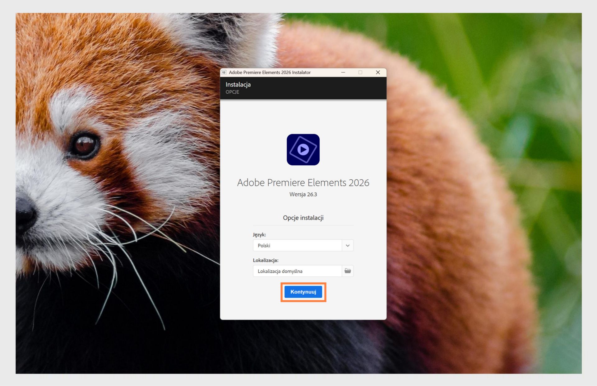 Okno Options instalacji pokazuje menu rozwijane do wyboru języka oraz opcję wyboru lokalizacji instalacji programu Premiere Elements. 
