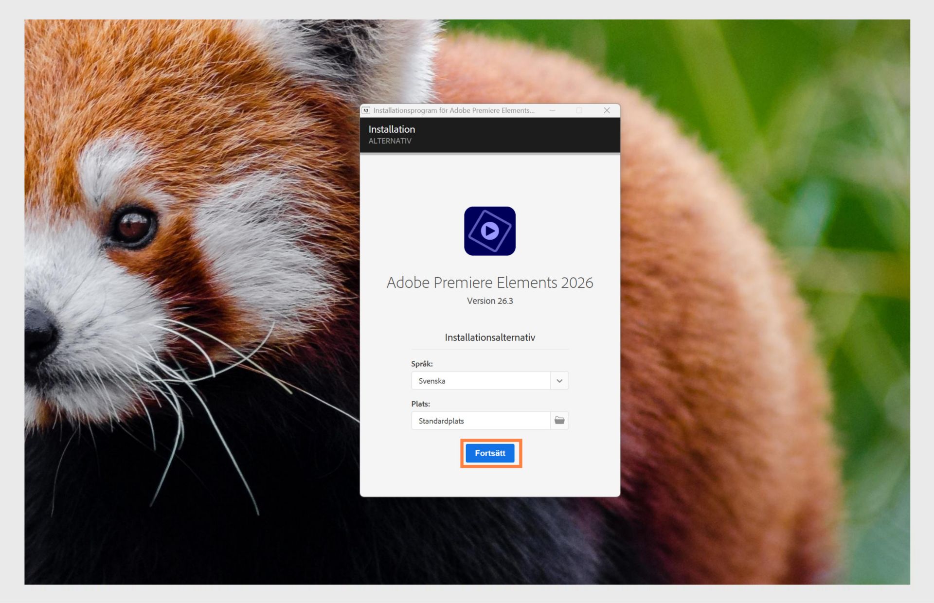 Fönstret Installationsalternativ visar rullgardinsmenyn för att välja språk och alternativet att välja installationsplats för Premiere Elements.