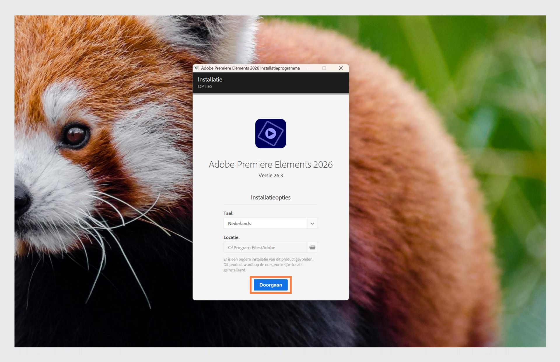 Het venster Installatie-opties toont het vervolgkeuzemenu om de taal te selecteren en de optie om de installatielocatie voor Premiere Elements te selecteren.
