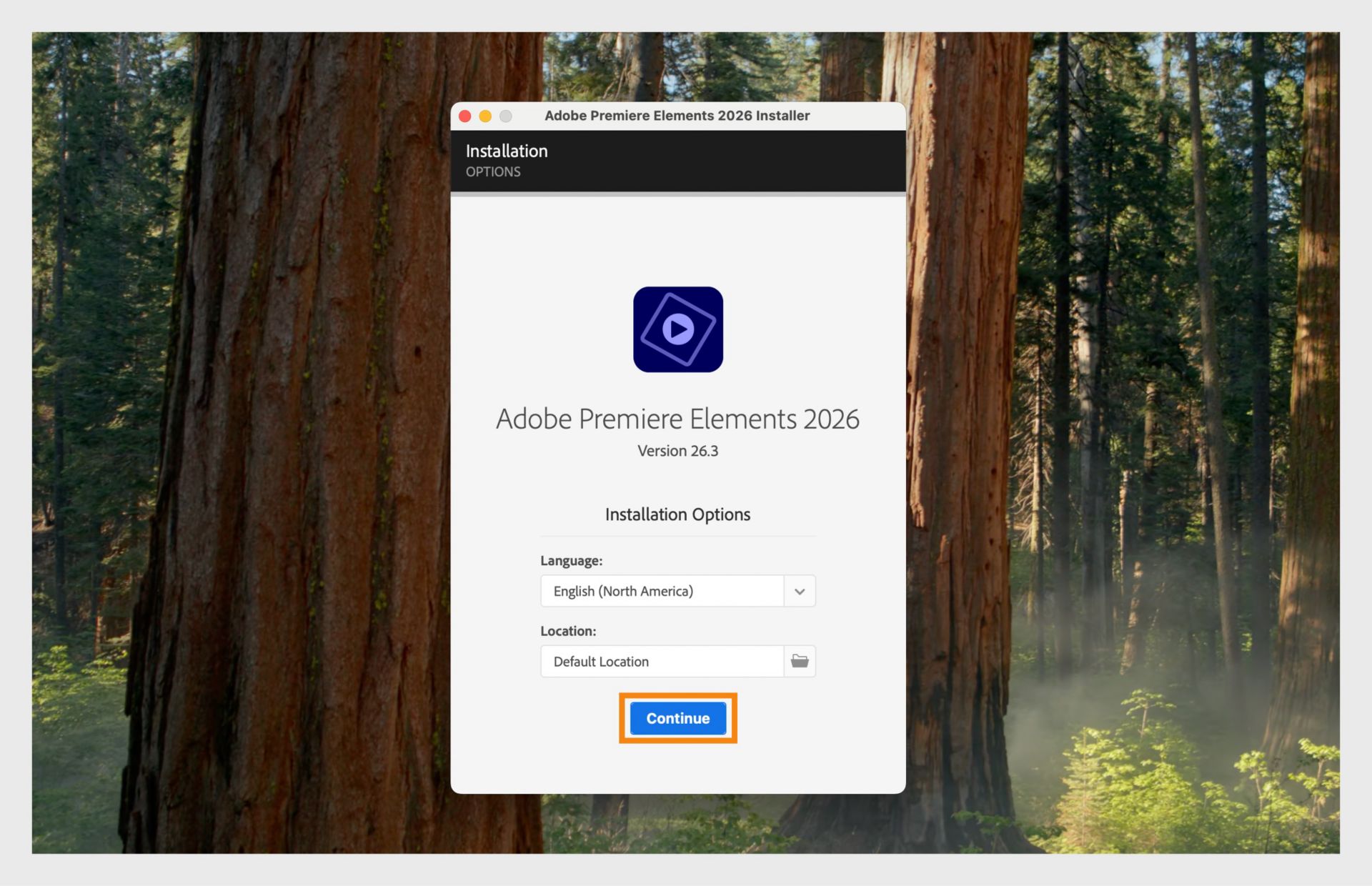 Jendela Opsi Instalasi menampilkan menu drop-down untuk memilih bahasa dan opsi untuk memilih lokasi instalasi Premiere Elements.