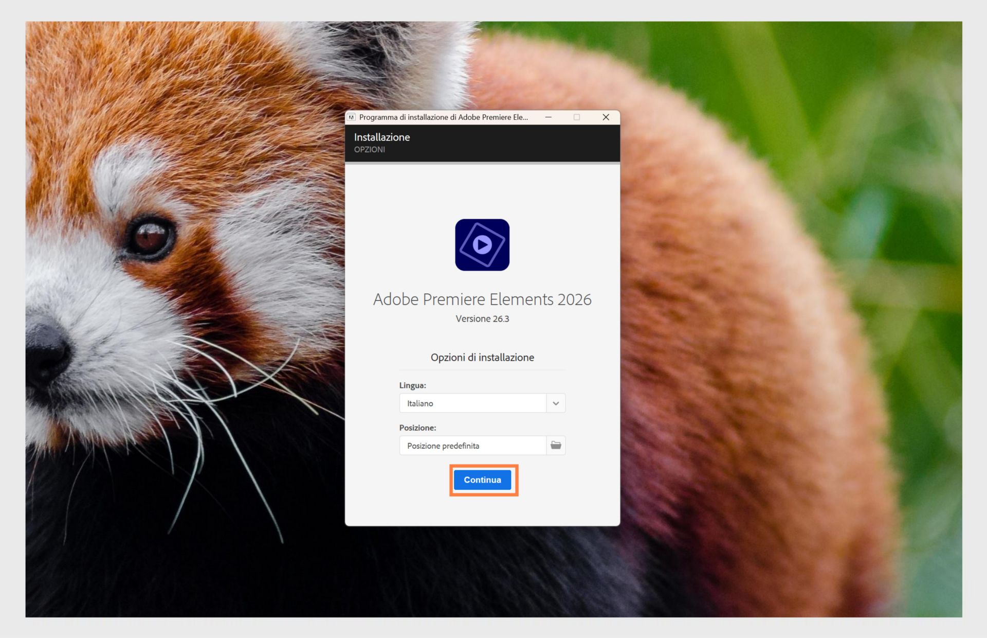 La finestra Options di installazione mostra il menu a discesa per selezionare la lingua e l'opzione per selezionare la posizione di installazione per Premiere Elements. 