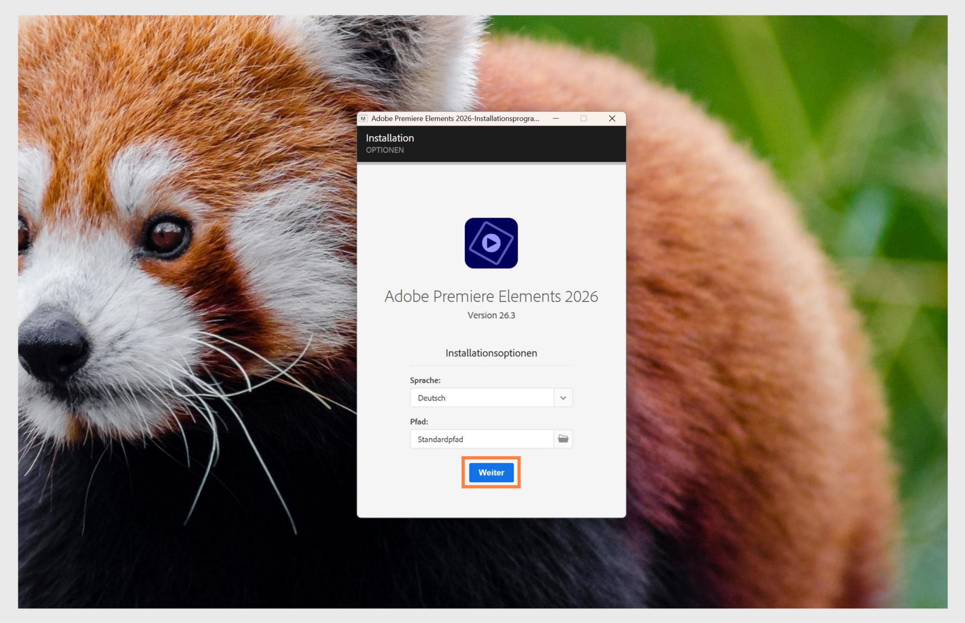 Das Fenster „Installationsoptionen“ zeigt das Dropdown-Menü zur Auswahl der Sprache und die Option zur Auswahl des Installationsorts für Premiere Elements. 