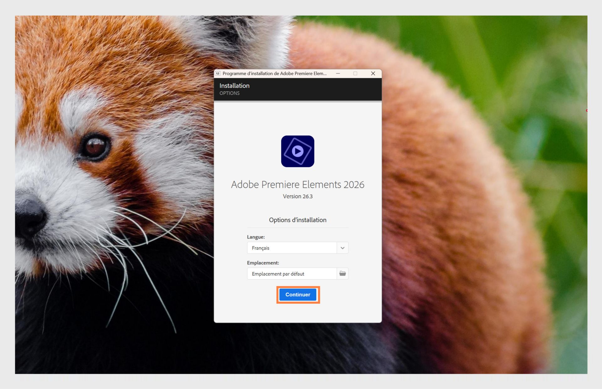 La fenêtre Options d'installation affiche le menu déroulant pour sélectionner la langue et l'option pour choisir l'emplacement d'installation de Premiere Elements.