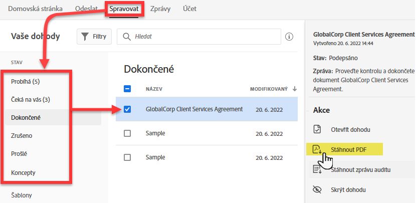 Stáhnout soubor PDF z karty Správa