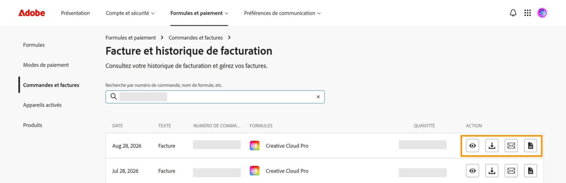 La fenêtre Facture et historique de facturation, dans laquelle les icônes Afficher, Télécharger, Envoyer par e-mail et Afficher, disponibles sous Action, sont mises en évidence.