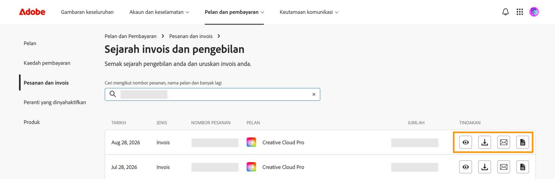 Tetingkap Invois dan sejarah pengebilan, dengan ikon lihat, muat turun dan e-mel tersedia di bawah Tindakan, diserlahkan.