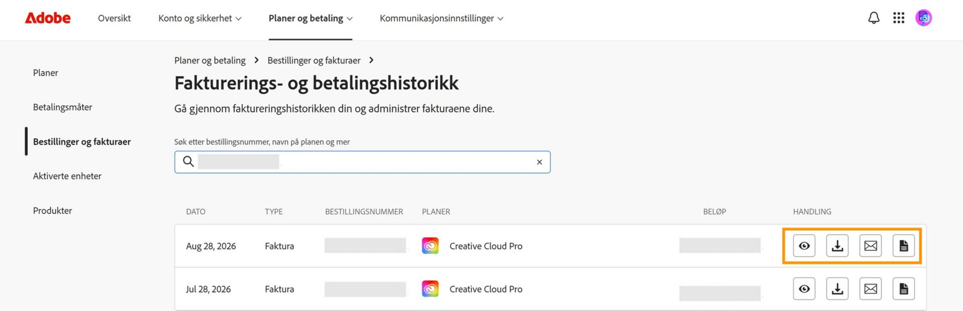 Vinduet Faktura- og fakturahistorikk, der ikonene for visning, nedlasting og e-post, som er tilgjengelig under Handling, er fremhevet.