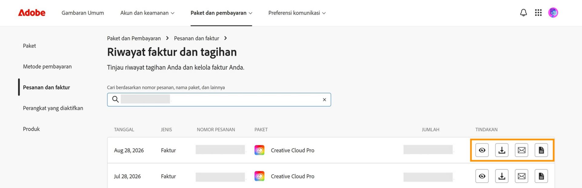 Jendela Riwayat faktur dan penagihan, tempat ikon lihat, unduh, email, dan lihat yang tersedia di bawah Tindakan disorot.