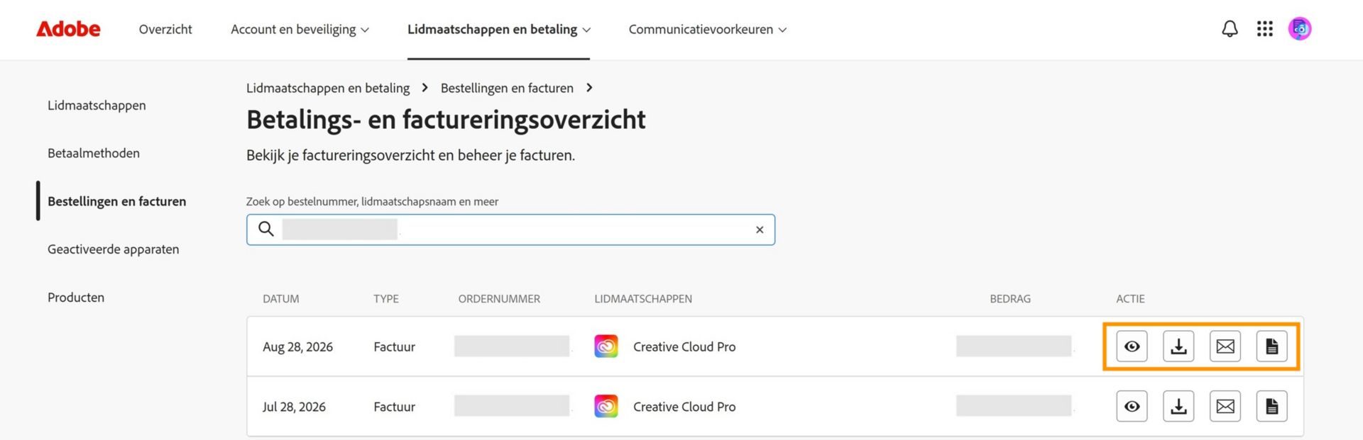 Het venster Factuur- en factureringshistorie, waar de pictogrammen voor bekijken, downloaden, e-mailen en pictogrammen bekijken, beschikbaar onder Actie, zijn gemarkeerd.