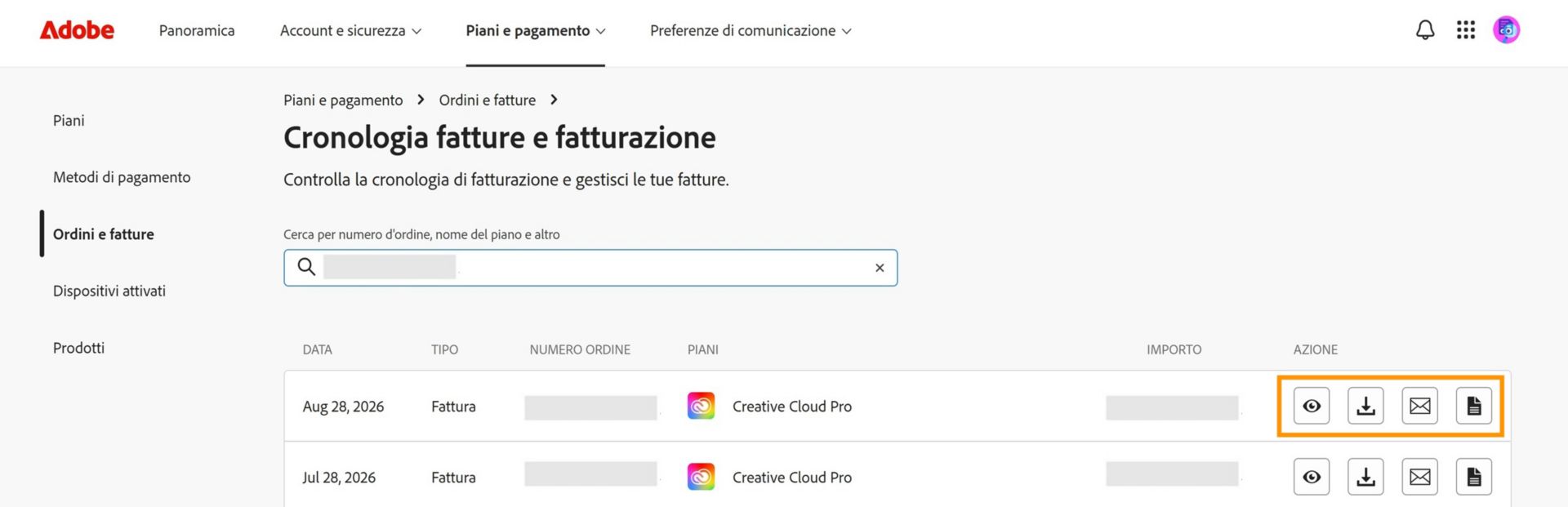 La finestra Cronologia fatture e fatturazione, dove sono evidenziate le icone Visualizza, Scarica e Invia via e-mail, disponibili sotto Azione.