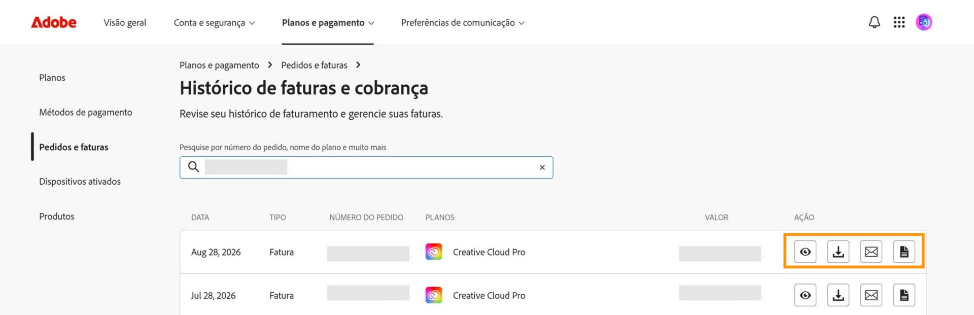 A janela Histórico de faturas e cobranças, na qual os ícones Visualizar, Baixar, Enviar por e-mail e Visualizar, disponíveis no menu Ação, estão destacados.