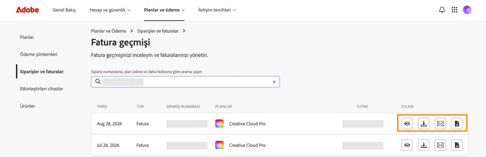Eylem altında bulunan görüntüleme, indirme, e-posta ve görüntüleme simgelerinin vurgulandığı Fatura ve faturalandırma geçmişi penceresi.