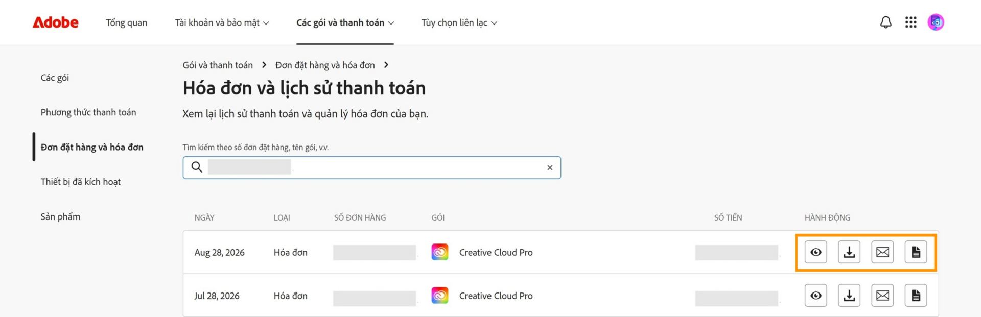 Cửa sổ Lịch sử hóa đơn và thanh toán, nơi các biểu tượng xem, tải xuống, email có sẵn trong phần Hành động được làm nổi bật.