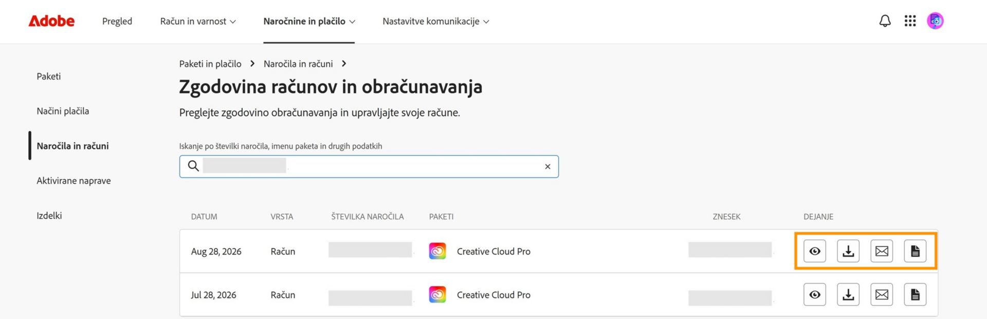 Okno z zgodovino računov in obračunavanja, kjer so označene ikone za ogled, prenos, e-pošto in ogled, ki so na voljo v meniju z dejanji.