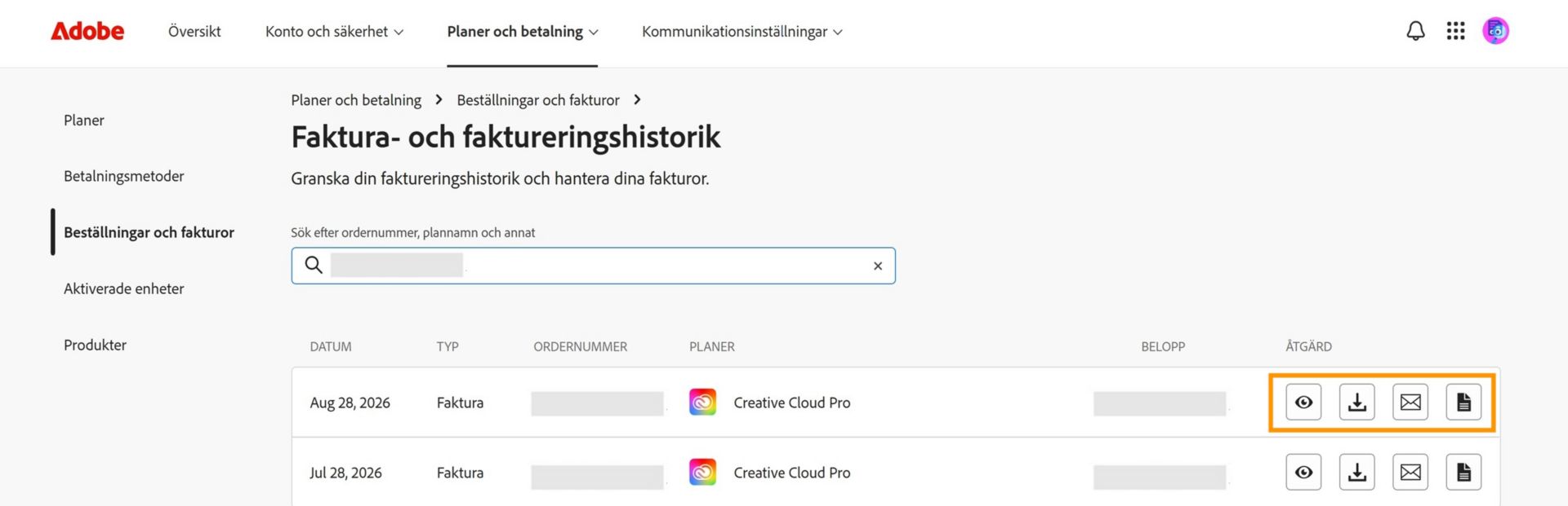 Fönstret Faktura- och faktureringshistorik, där ikonerna för visa, hämta och e-post, som finns under Åtgärd, är markerade.