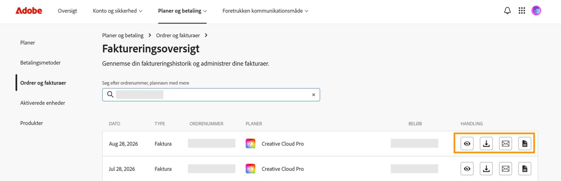 Vinduet Faktura- og faktureringshistorik, hvor ikonerne Vis, Download og E-mail, der er tilgængelige under Handling, er fremhævet.