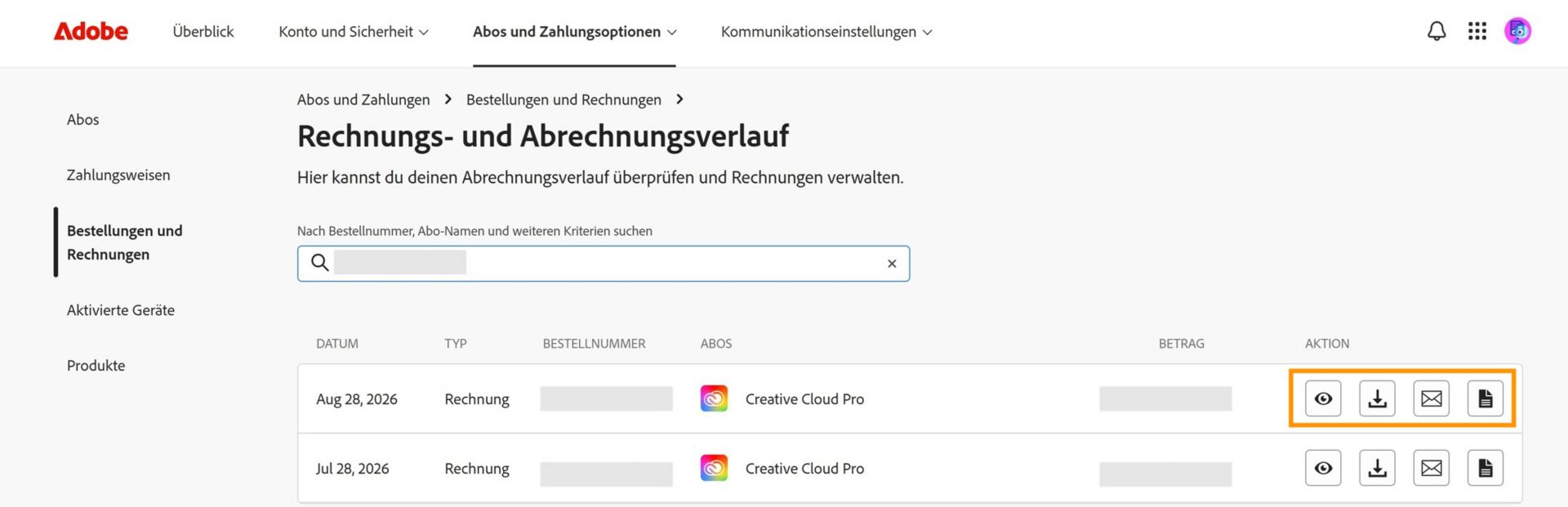 Das Fenster „Rechnungs- und Abrechnungsverlauf“, in dem unter „Aktion“ die Symbole für das Anzeigen, Herunterladen, Versenden per E-Mail und Anzeigen hervorgehoben sind.